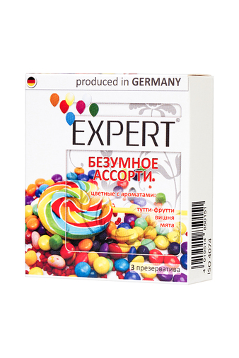 Презервативы Expert ''Безумное ассорти'' №3, цветные с ароматами: тутти-фрутти, вишня, мята, 3шт