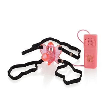 Розовая бабочка для клитора с вращающимся фаллоимитатором