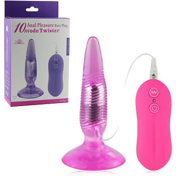 Рифленая анальная пробка «Twister» с вибрацией, цвет розовый