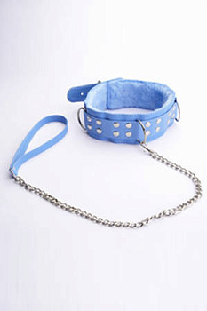 Ошейник виниловый голубой с мехом