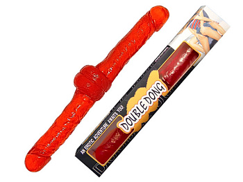 Двойной фаллос с мошонкой красного цвета